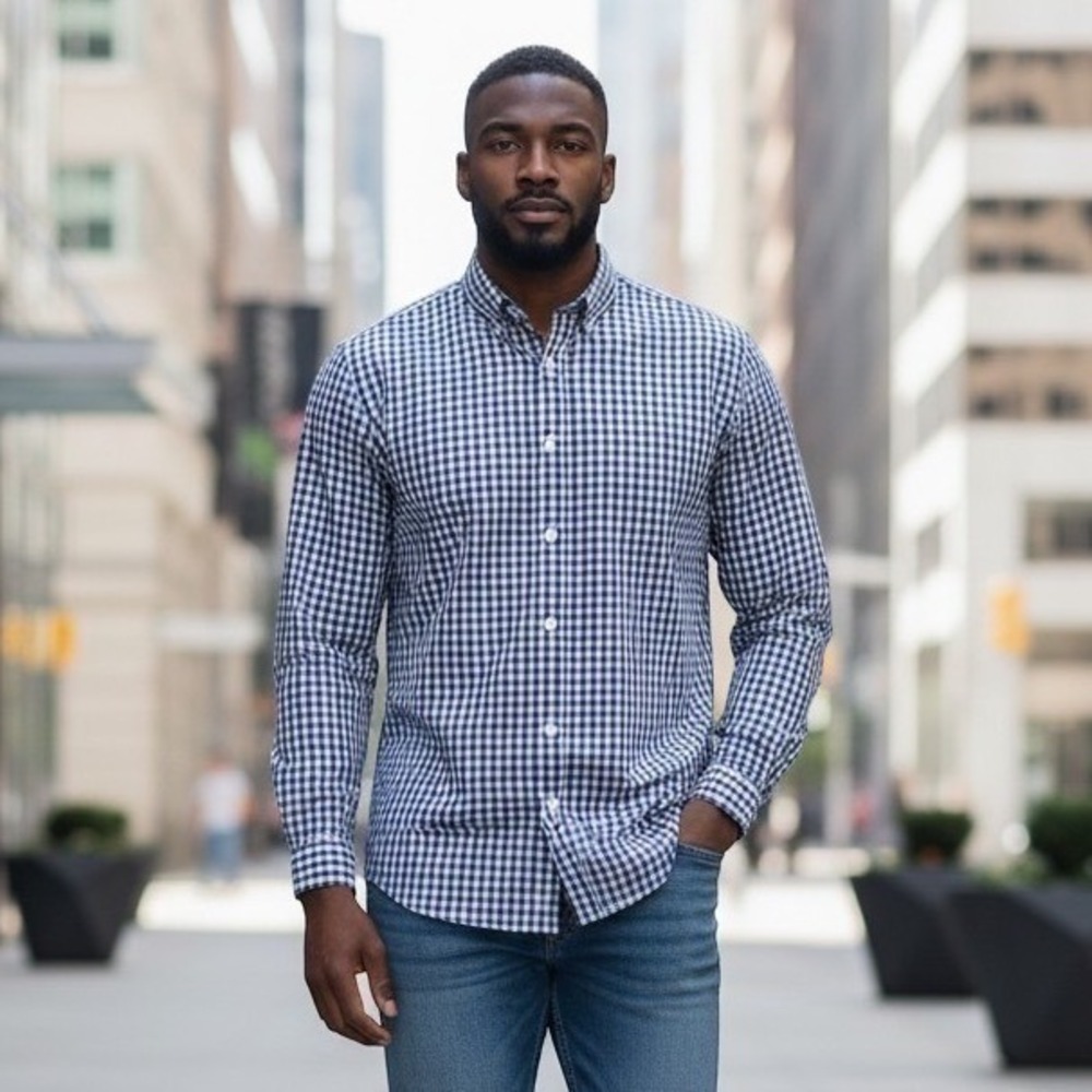 Stafford Gingham Button Down Shirt Mens 17.5 34-35 Navy White Regular Fit Preppy